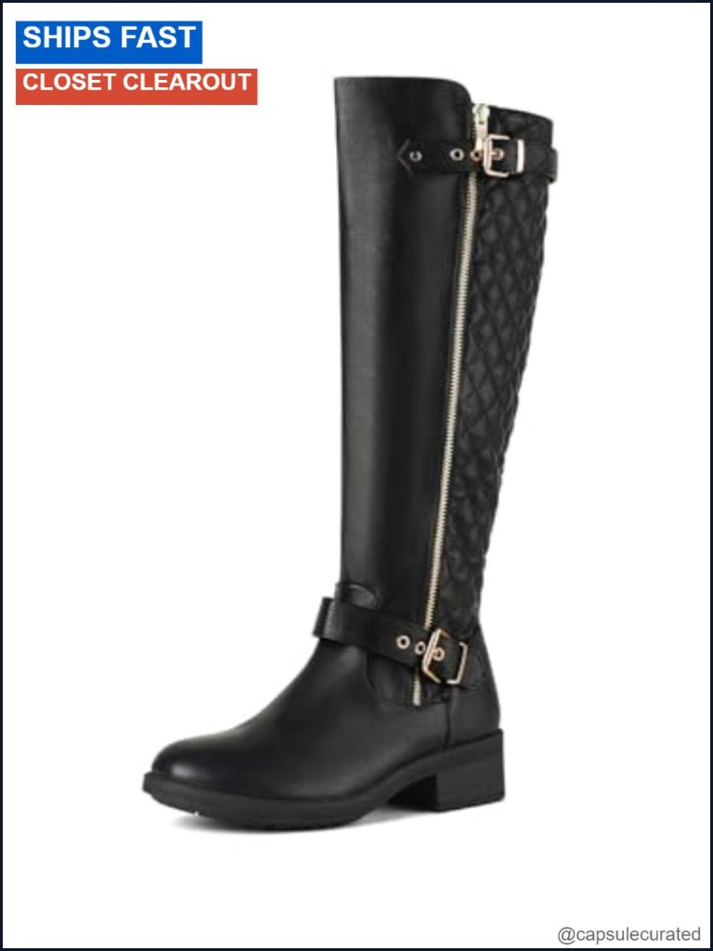 Faux Leather Knee High Riding Boots Block Heel Side Zipper